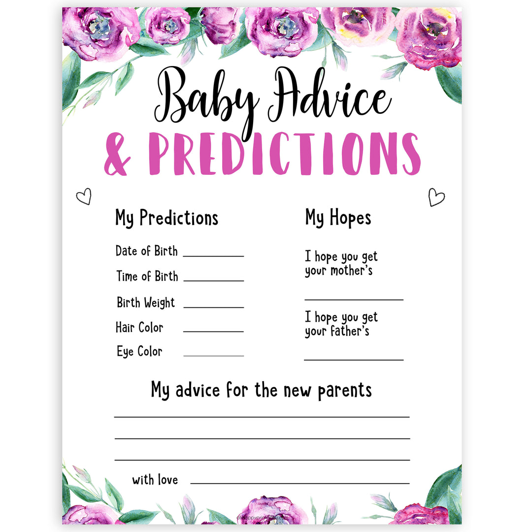 Purple peonies baby advice and predictions baby shower games, printable baby shower games, fun baby shower games, baby shower games, popular baby shower games, floral baby shower games, purple baby shower themes