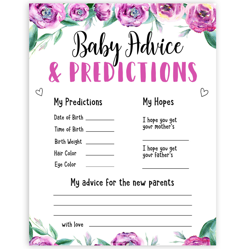 New Baby Advice & Predictions Card - Purple Peonies Baby Shower Games ...