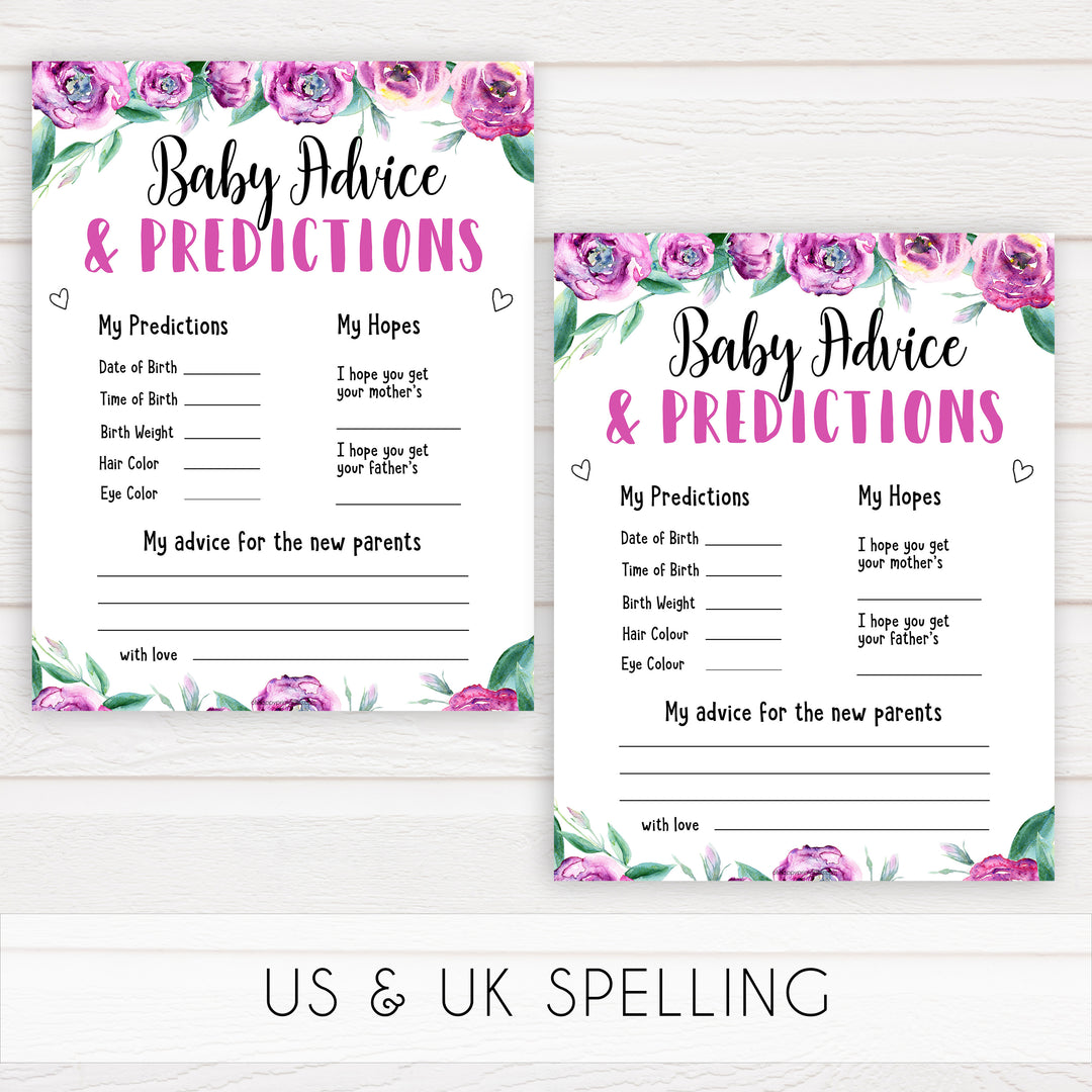 Purple peonies baby advice and predictions baby shower games, printable baby shower games, fun baby shower games, baby shower games, popular baby shower games, floral baby shower games, purple baby shower themes