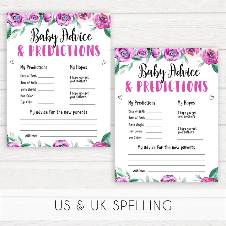 Purple peonies baby advice and predictions baby shower games, printable baby shower games, fun baby shower games, baby shower games, popular baby shower games, floral baby shower games, purple baby shower themes