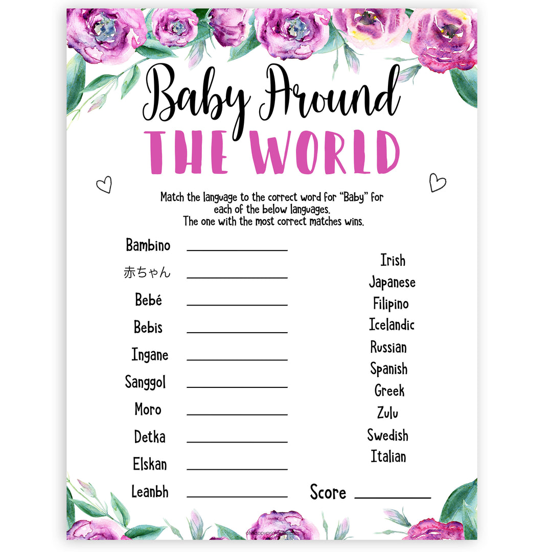 Purple peonies baby around the world baby shower games, printable baby shower games, fun baby shower games, baby shower games, popular baby shower games, floral baby shower games, purple baby shower themes