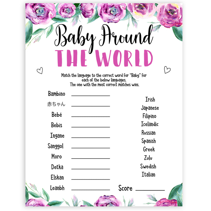 Purple peonies baby around the world baby shower games, printable baby shower games, fun baby shower games, baby shower games, popular baby shower games, floral baby shower games, purple baby shower themes