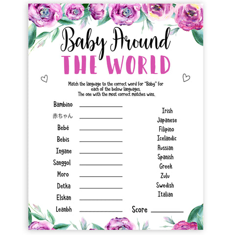 Purple peonies baby around the world baby shower games, printable baby shower games, fun baby shower games, baby shower games, popular baby shower games, floral baby shower games, purple baby shower themes