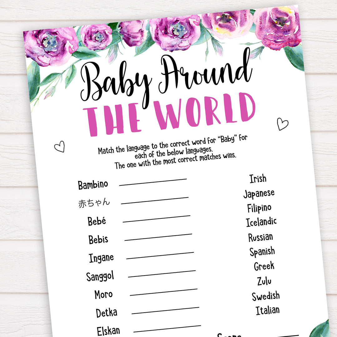 Purple peonies baby around the world baby shower games, printable baby shower games, fun baby shower games, baby shower games, popular baby shower games, floral baby shower games, purple baby shower themes