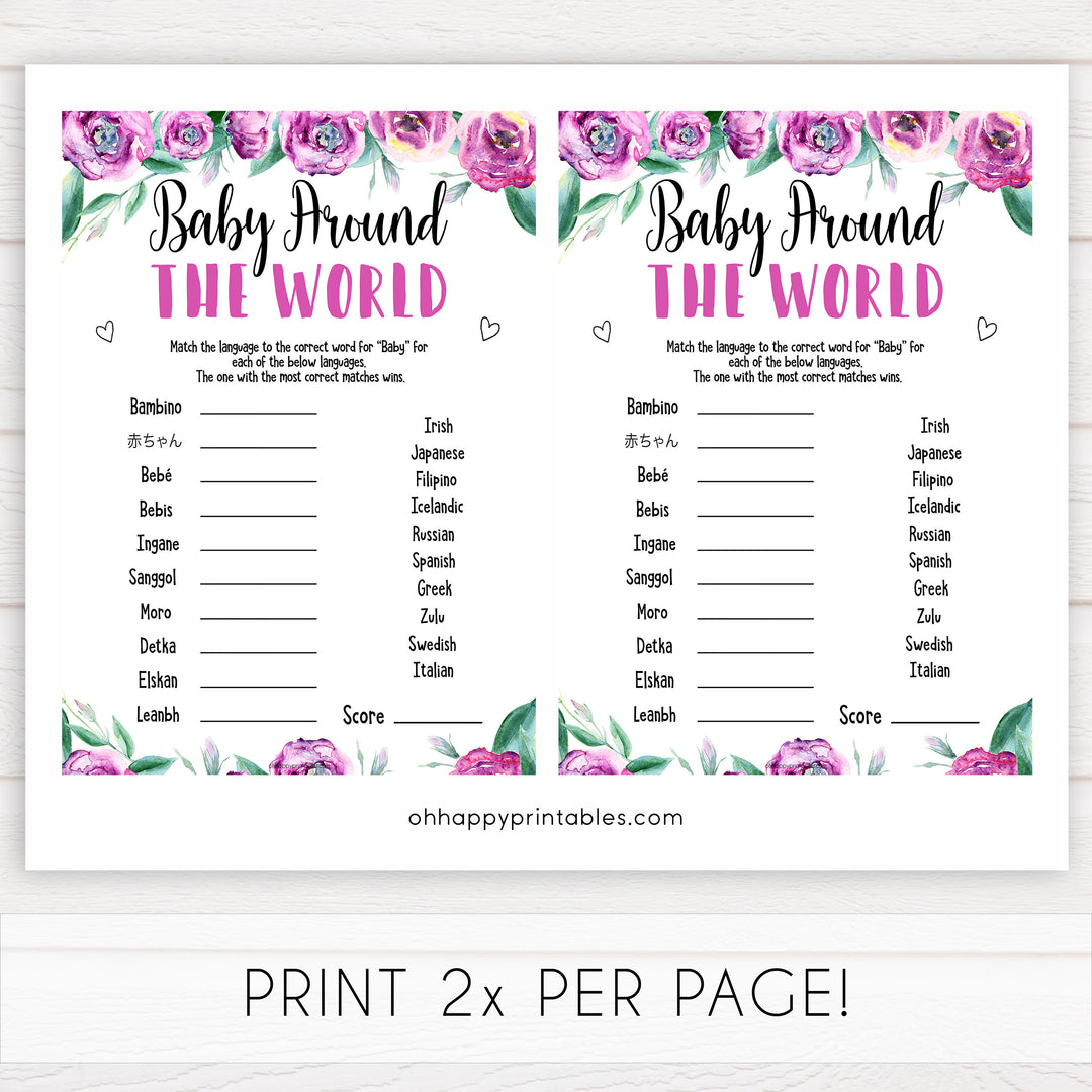 Purple peonies baby around the world baby shower games, printable baby shower games, fun baby shower games, baby shower games, popular baby shower games, floral baby shower games, purple baby shower themes