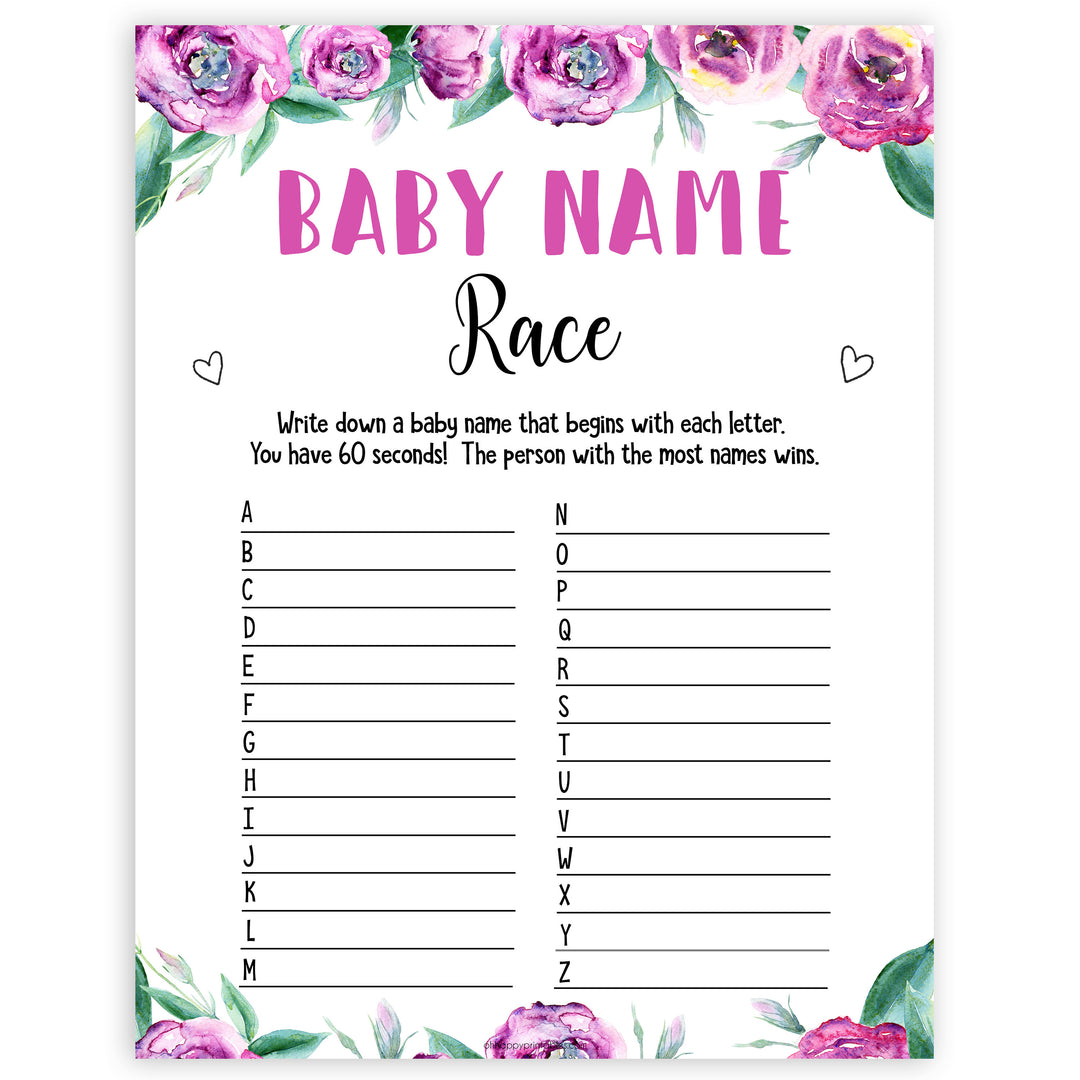 Purple peonies baby name race game baby shower games, printable baby shower games, fun baby shower games, baby shower games, popular baby shower games, floral baby shower games, purple baby shower themes