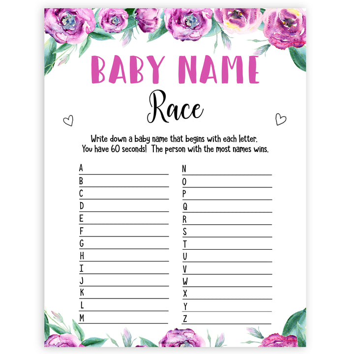 Purple peonies baby name race game baby shower games, printable baby shower games, fun baby shower games, baby shower games, popular baby shower games, floral baby shower games, purple baby shower themes