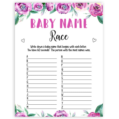 Purple peonies baby name race game baby shower games, printable baby shower games, fun baby shower games, baby shower games, popular baby shower games, floral baby shower games, purple baby shower themes