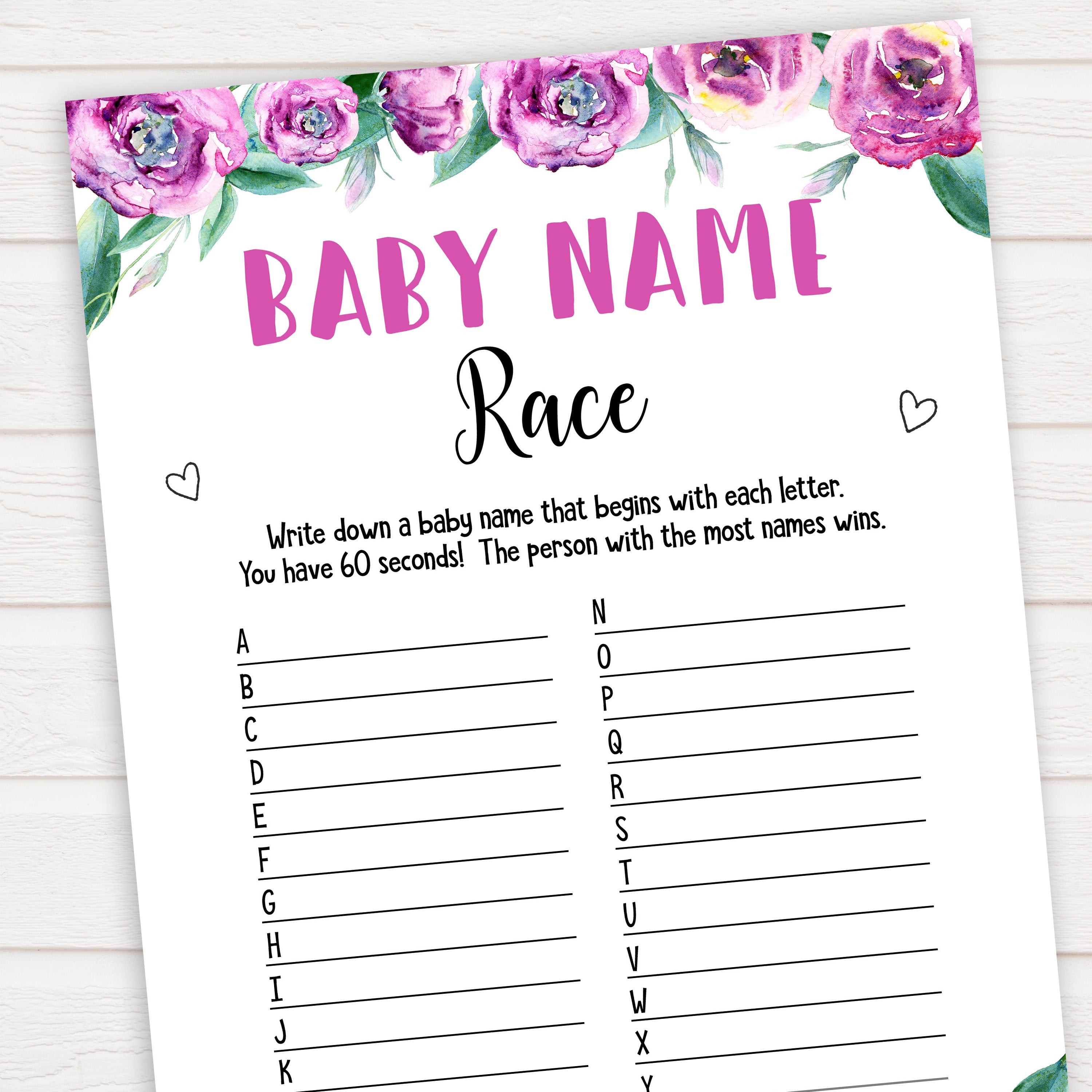 Purple peonies baby name race game baby shower games, printable baby shower games, fun baby shower games, baby shower games, popular baby shower games, floral baby shower games, purple baby shower themes