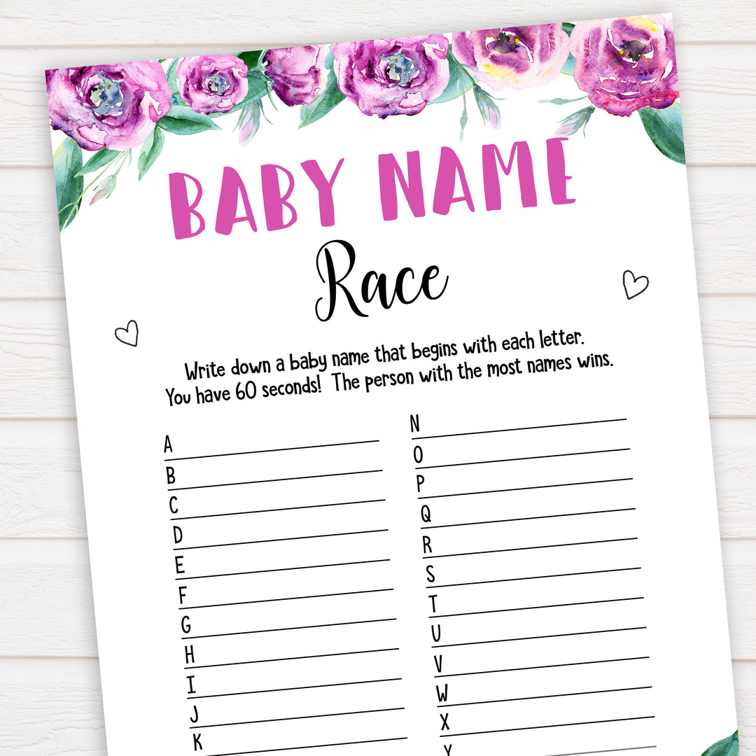 Purple peonies baby name race game baby shower games, printable baby shower games, fun baby shower games, baby shower games, popular baby shower games, floral baby shower games, purple baby shower themes