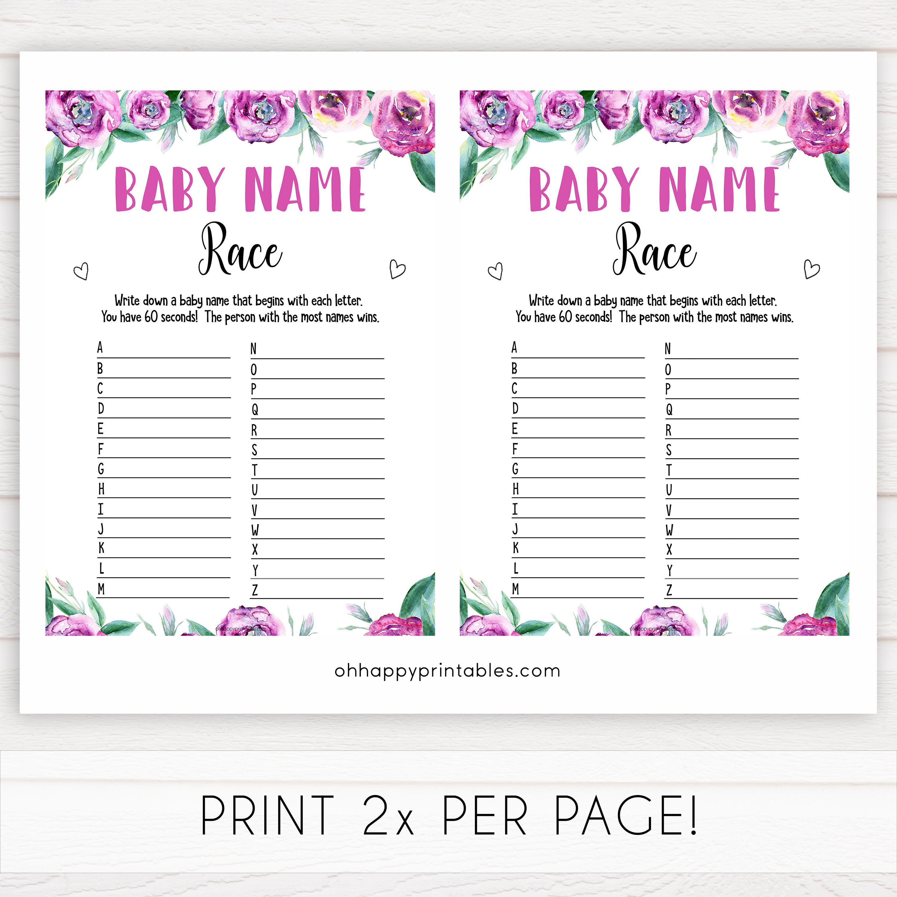 Purple peonies baby name race game baby shower games, printable baby shower games, fun baby shower games, baby shower games, popular baby shower games, floral baby shower games, purple baby shower themes