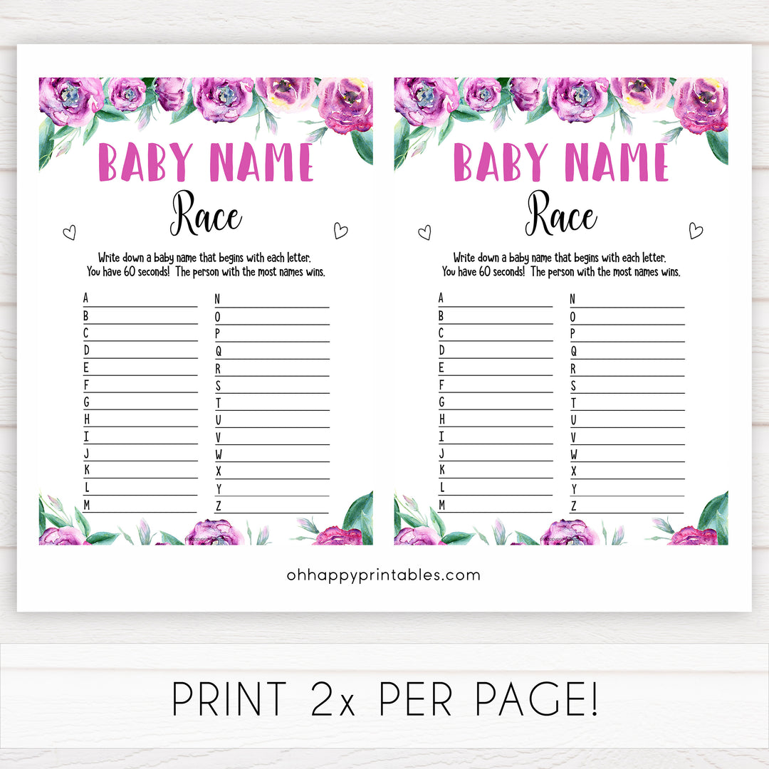 Purple peonies baby name race game baby shower games, printable baby shower games, fun baby shower games, baby shower games, popular baby shower games, floral baby shower games, purple baby shower themes