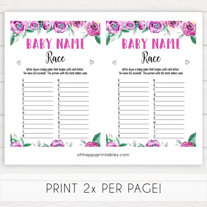 Purple peonies baby name race game baby shower games, printable baby shower games, fun baby shower games, baby shower games, popular baby shower games, floral baby shower games, purple baby shower themes
