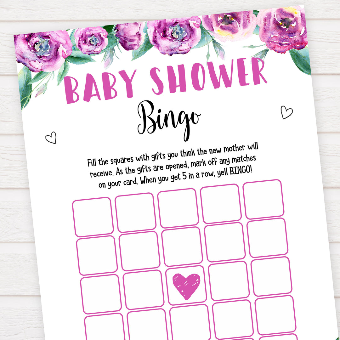 Purple peonies baby shower bingo baby shower games, printable baby shower games, fun baby shower games, baby shower games, popular baby shower games, floral baby shower games, purple baby shower themes