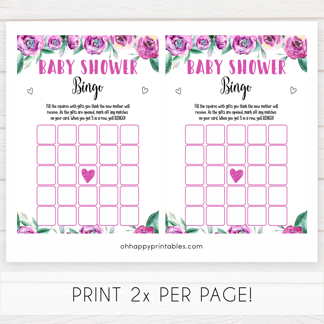 Purple peonies baby shower bingo baby shower games, printable baby shower games, fun baby shower games, baby shower games, popular baby shower games, floral baby shower games, purple baby shower themes
