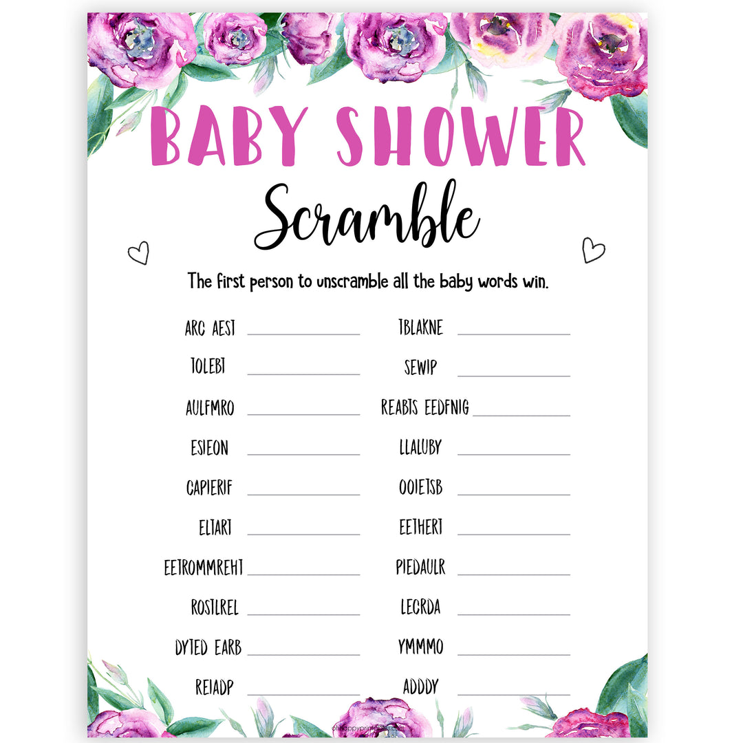 Purple peonies baby shower scramble baby shower games, printable baby shower games, fun baby shower games, baby shower games, popular baby shower games, floral baby shower games, purple baby shower themes