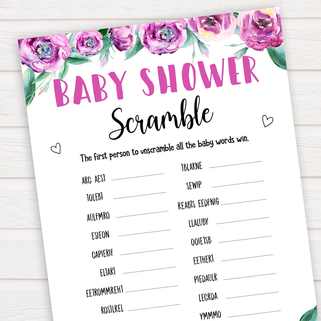 Purple peonies baby shower scramble baby shower games, printable baby shower games, fun baby shower games, baby shower games, popular baby shower games, floral baby shower games, purple baby shower themes