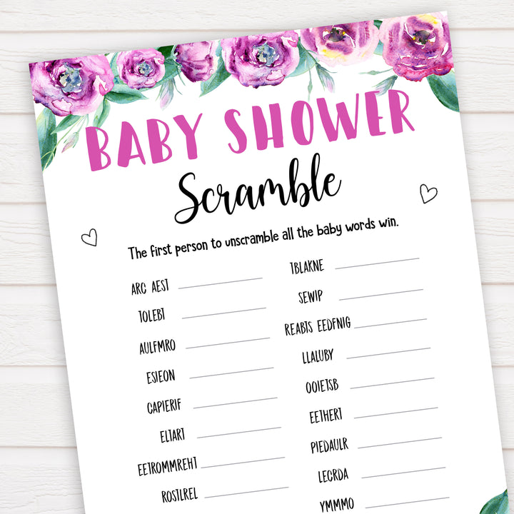 Purple peonies baby shower scramble baby shower games, printable baby shower games, fun baby shower games, baby shower games, popular baby shower games, floral baby shower games, purple baby shower themes