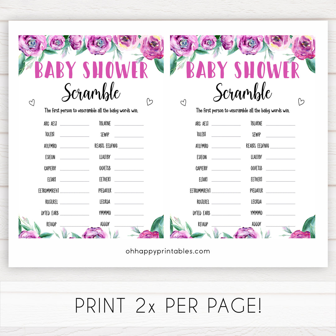 Purple peonies baby shower scramble baby shower games, printable baby shower games, fun baby shower games, baby shower games, popular baby shower games, floral baby shower games, purple baby shower themes