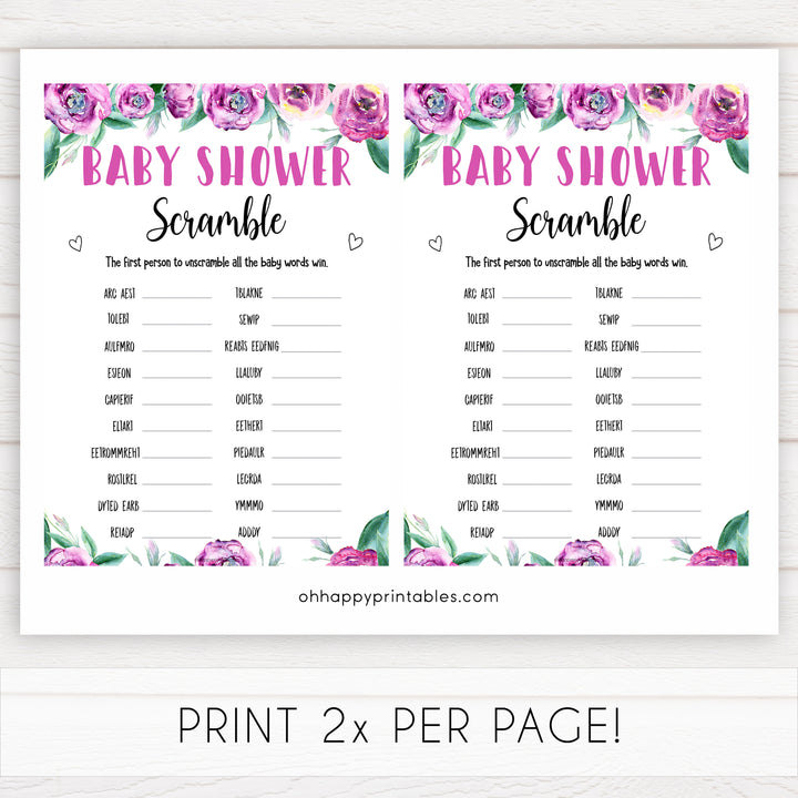 Purple peonies baby shower scramble baby shower games, printable baby shower games, fun baby shower games, baby shower games, popular baby shower games, floral baby shower games, purple baby shower themes