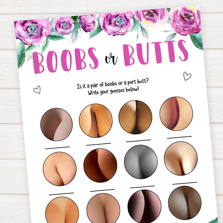 Purple peonies boobs or butts baby shower games, printable baby shower games, fun baby shower games, baby shower games, popular baby shower games, floral baby shower games, purple baby shower themes