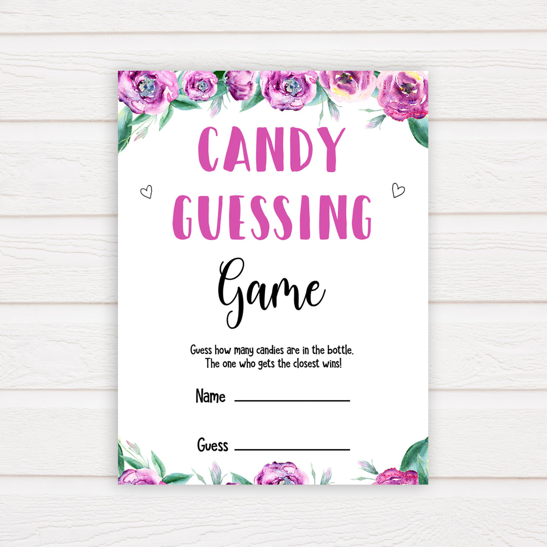 Purple peonies candy guessing game baby shower games, printable baby shower games, fun baby shower games, baby shower games, popular baby shower games, floral baby shower games, purple baby shower themes