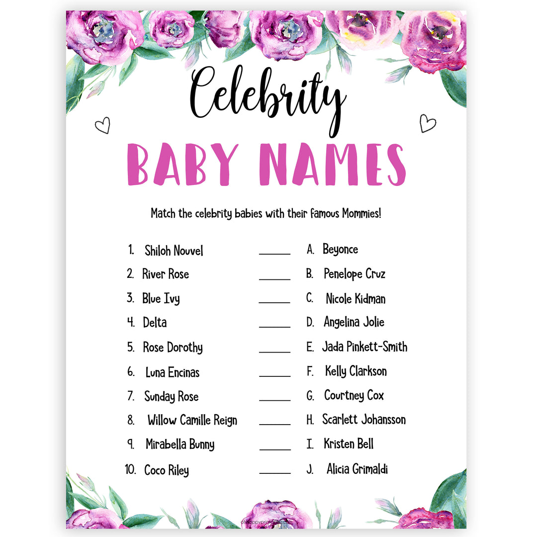 Purple peonies celebrity baby names baby shower games, printable baby shower games, fun baby shower games, baby shower games, popular baby shower games, floral baby shower games, purple baby shower themes