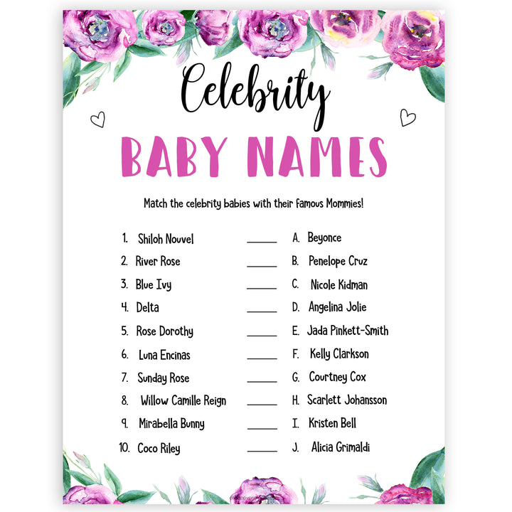 Purple peonies celebrity baby names baby shower games, printable baby shower games, fun baby shower games, baby shower games, popular baby shower games, floral baby shower games, purple baby shower themes