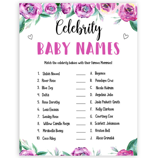 Purple peonies celebrity baby names baby shower games, printable baby shower games, fun baby shower games, baby shower games, popular baby shower games, floral baby shower games, purple baby shower themes