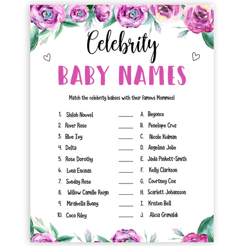Purple peonies celebrity baby names baby shower games, printable baby shower games, fun baby shower games, baby shower games, popular baby shower games, floral baby shower games, purple baby shower themes