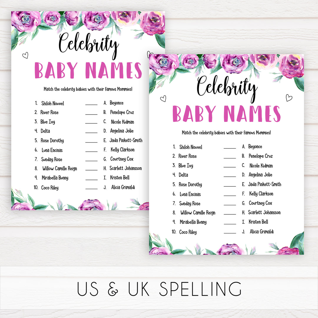 Purple peonies celebrity baby names baby shower games, printable baby shower games, fun baby shower games, baby shower games, popular baby shower games, floral baby shower games, purple baby shower themes