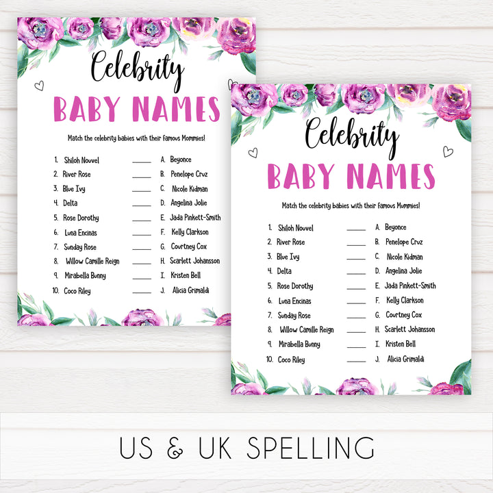 Purple peonies celebrity baby names baby shower games, printable baby shower games, fun baby shower games, baby shower games, popular baby shower games, floral baby shower games, purple baby shower themes