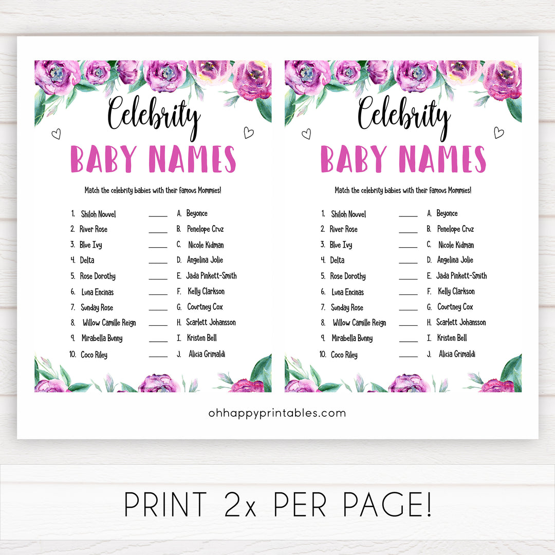 Purple peonies celebrity baby names baby shower games, printable baby shower games, fun baby shower games, baby shower games, popular baby shower games, floral baby shower games, purple baby shower themes