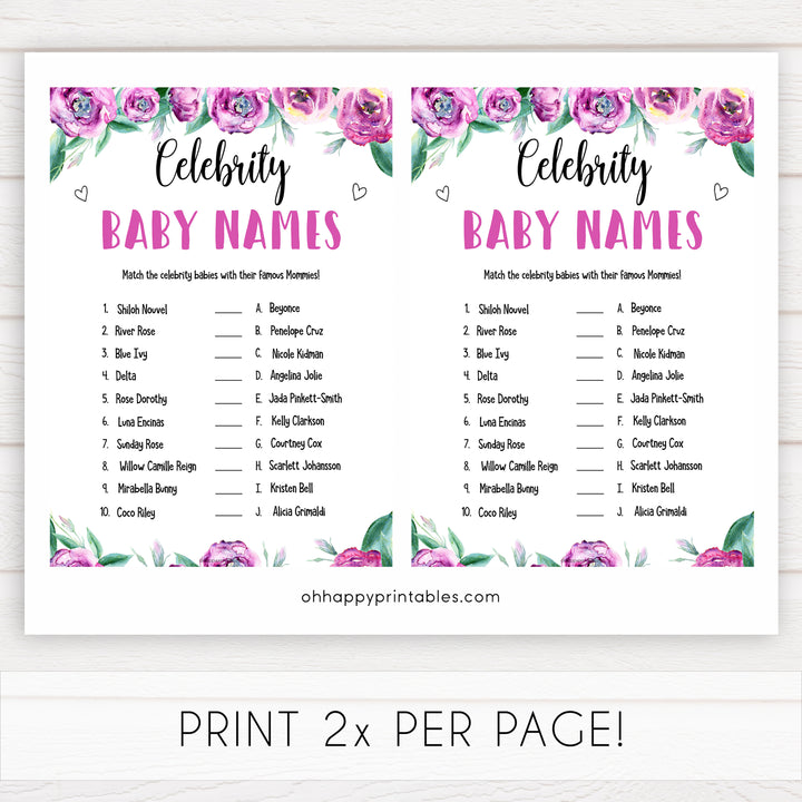 Purple peonies celebrity baby names baby shower games, printable baby shower games, fun baby shower games, baby shower games, popular baby shower games, floral baby shower games, purple baby shower themes