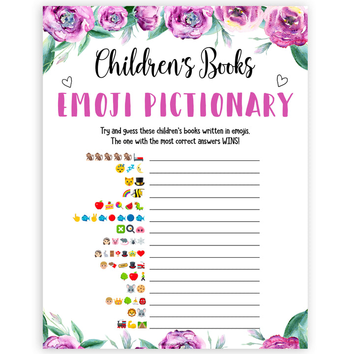 Purple peonies childrens books emoji pictionary baby shower games, printable baby shower games, fun baby shower games, baby shower games, popular baby shower games, floral baby shower games, purple baby shower themes