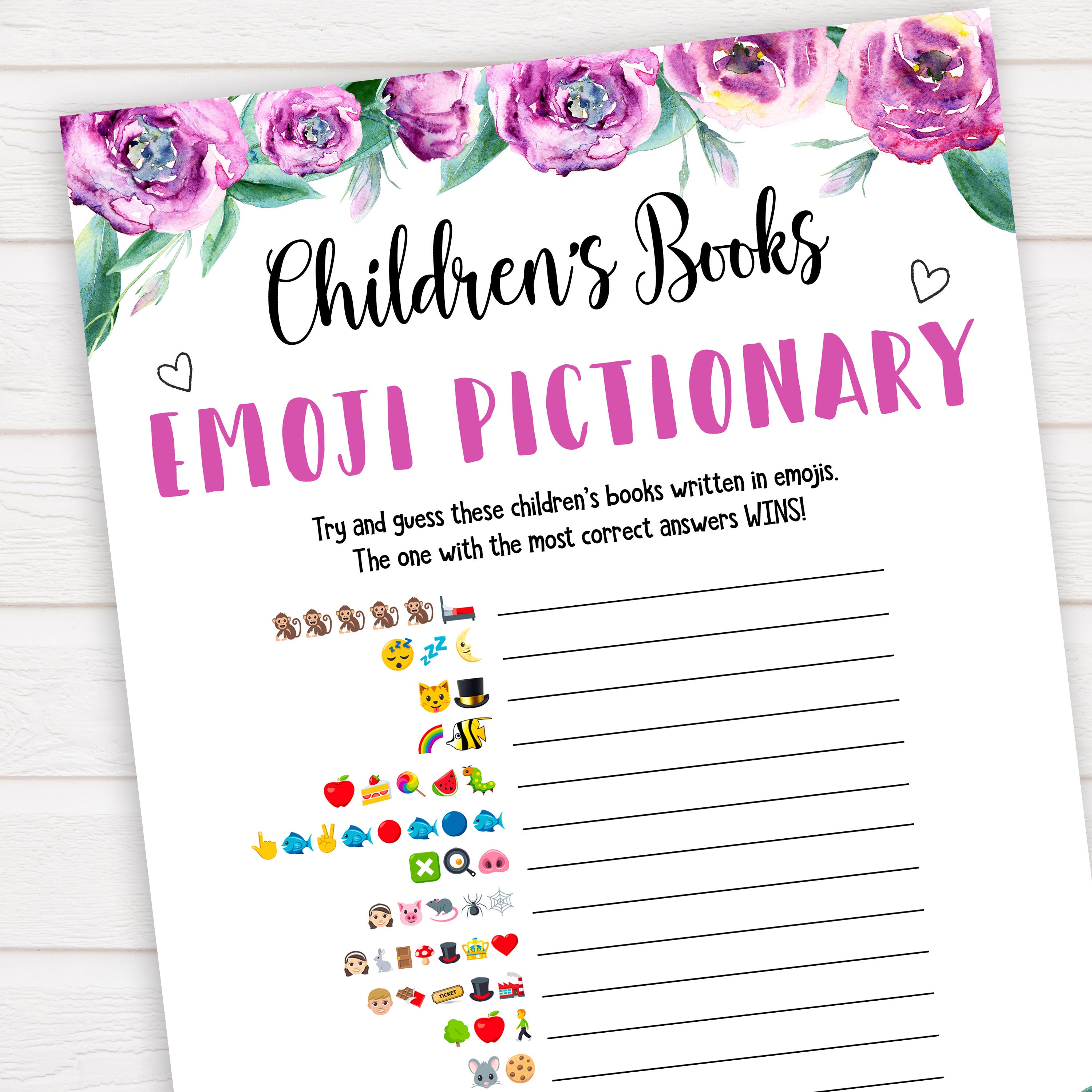 Purple peonies childrens books emoji pictionary baby shower games, printable baby shower games, fun baby shower games, baby shower games, popular baby shower games, floral baby shower games, purple baby shower themes