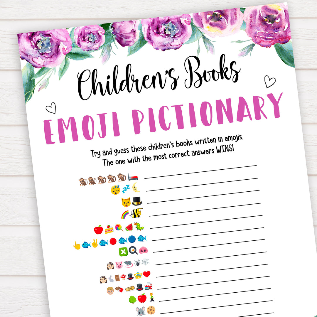 Purple peonies childrens books emoji pictionary baby shower games, printable baby shower games, fun baby shower games, baby shower games, popular baby shower games, floral baby shower games, purple baby shower themes