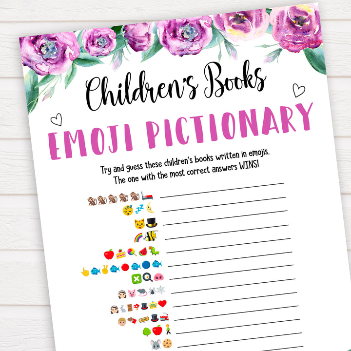 Purple peonies childrens books emoji pictionary baby shower games, printable baby shower games, fun baby shower games, baby shower games, popular baby shower games, floral baby shower games, purple baby shower themes