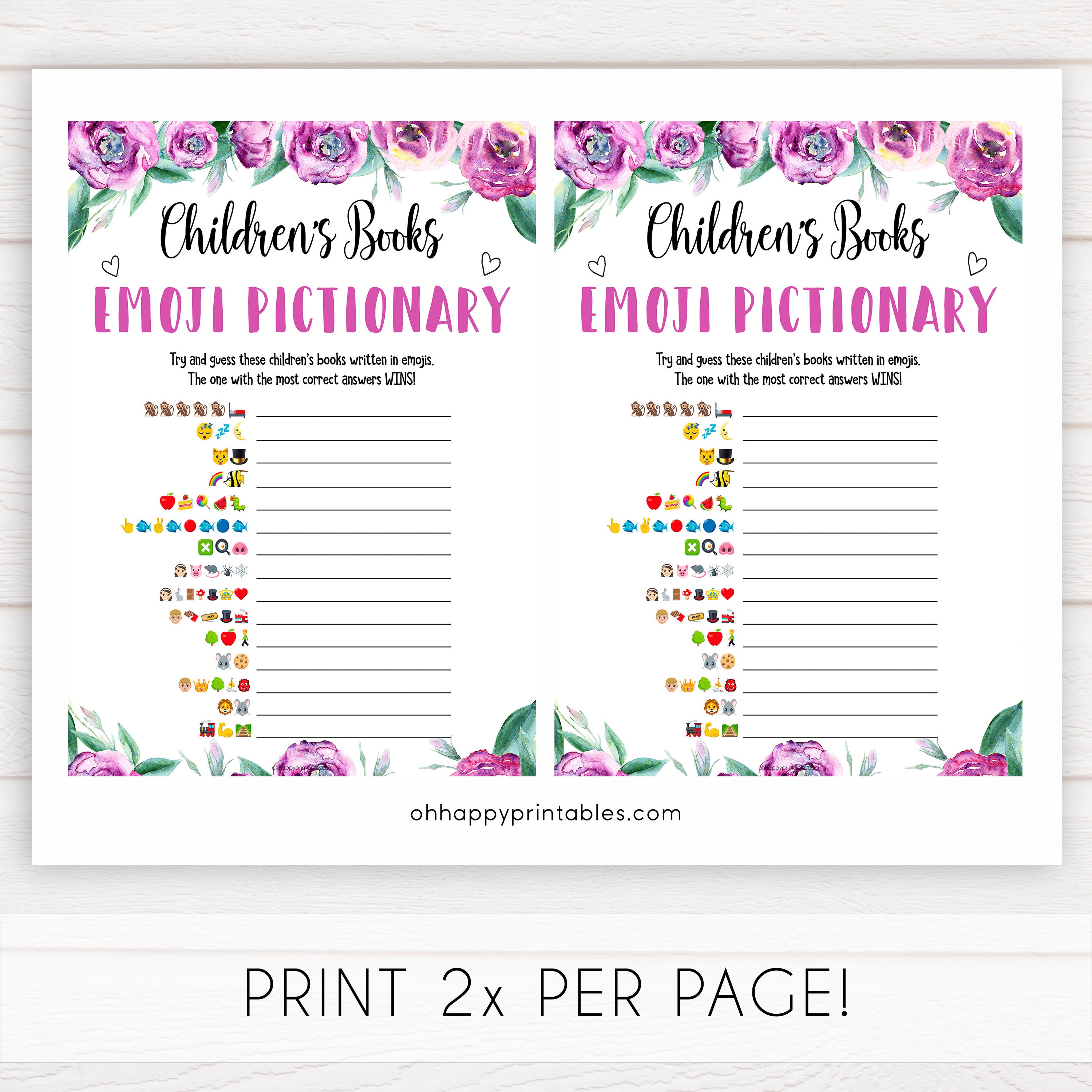 Purple peonies childrens books emoji pictionary baby shower games, printable baby shower games, fun baby shower games, baby shower games, popular baby shower games, floral baby shower games, purple baby shower themes
