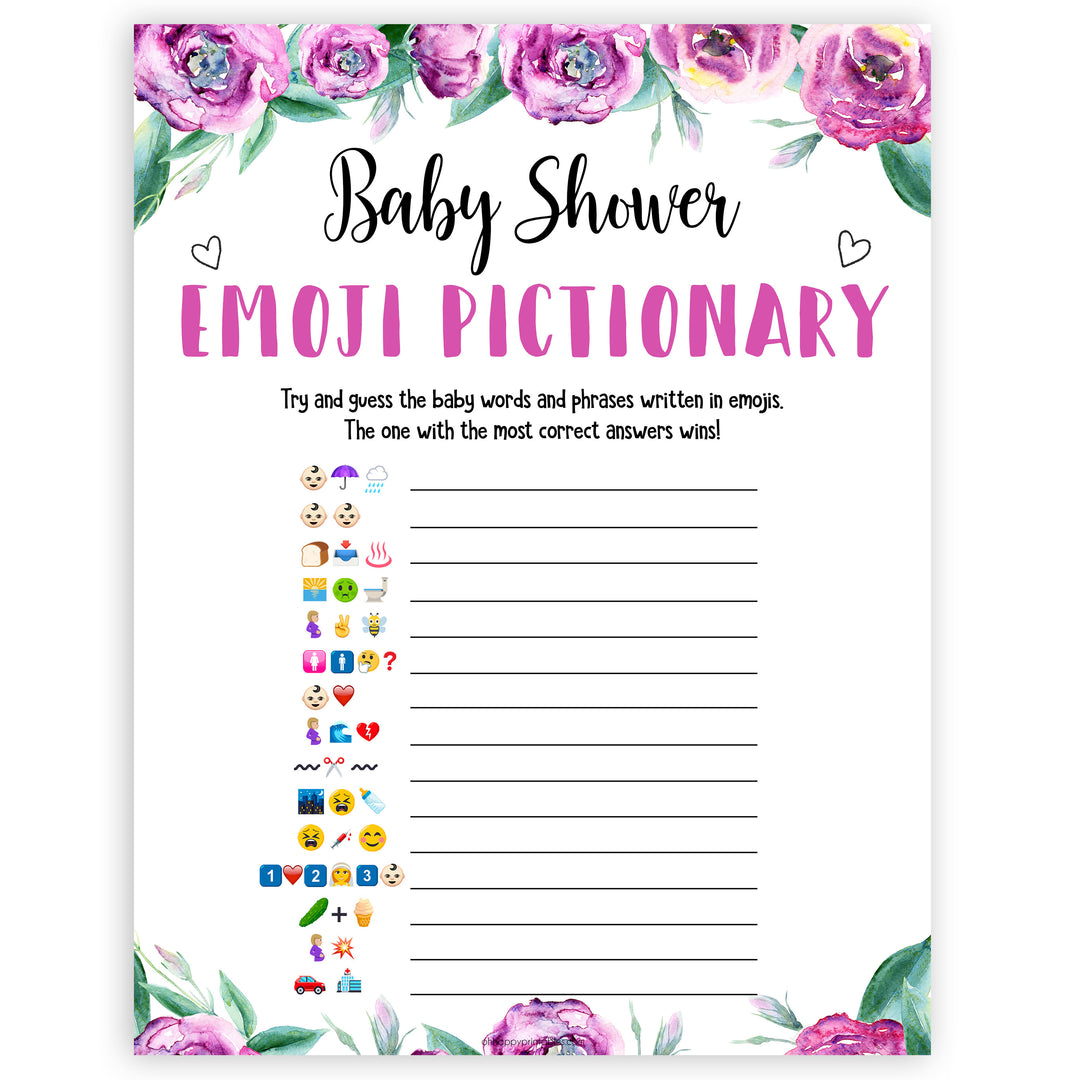 Purple peonies emoji Pictionary baby shower games, printable baby shower games, fun baby shower games, baby shower games, popular baby shower games, floral baby shower games, purple baby shower themes