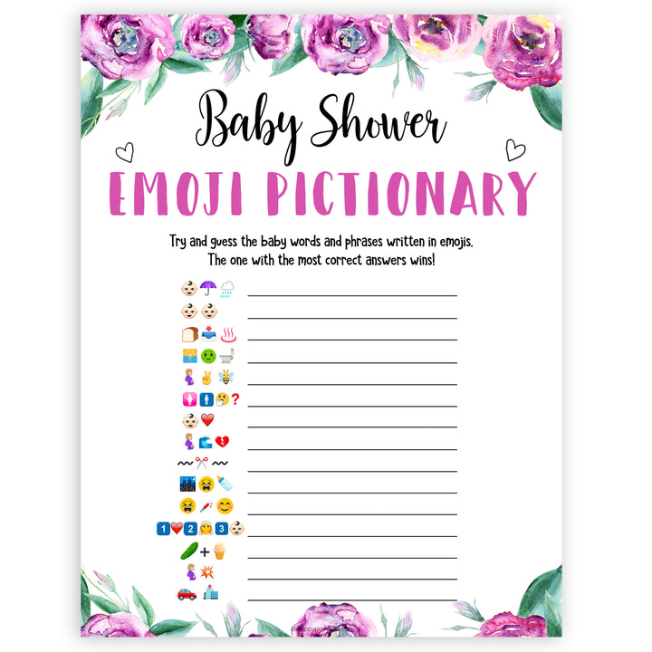 Purple peonies emoji Pictionary baby shower games, printable baby shower games, fun baby shower games, baby shower games, popular baby shower games, floral baby shower games, purple baby shower themes