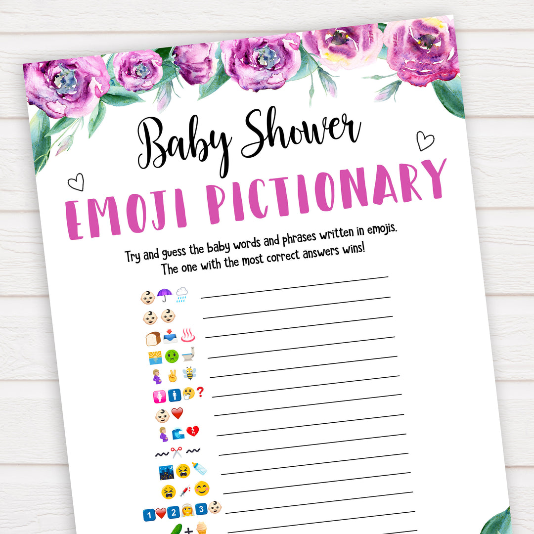 Purple peonies emoji Pictionary baby shower games, printable baby shower games, fun baby shower games, baby shower games, popular baby shower games, floral baby shower games, purple baby shower themes