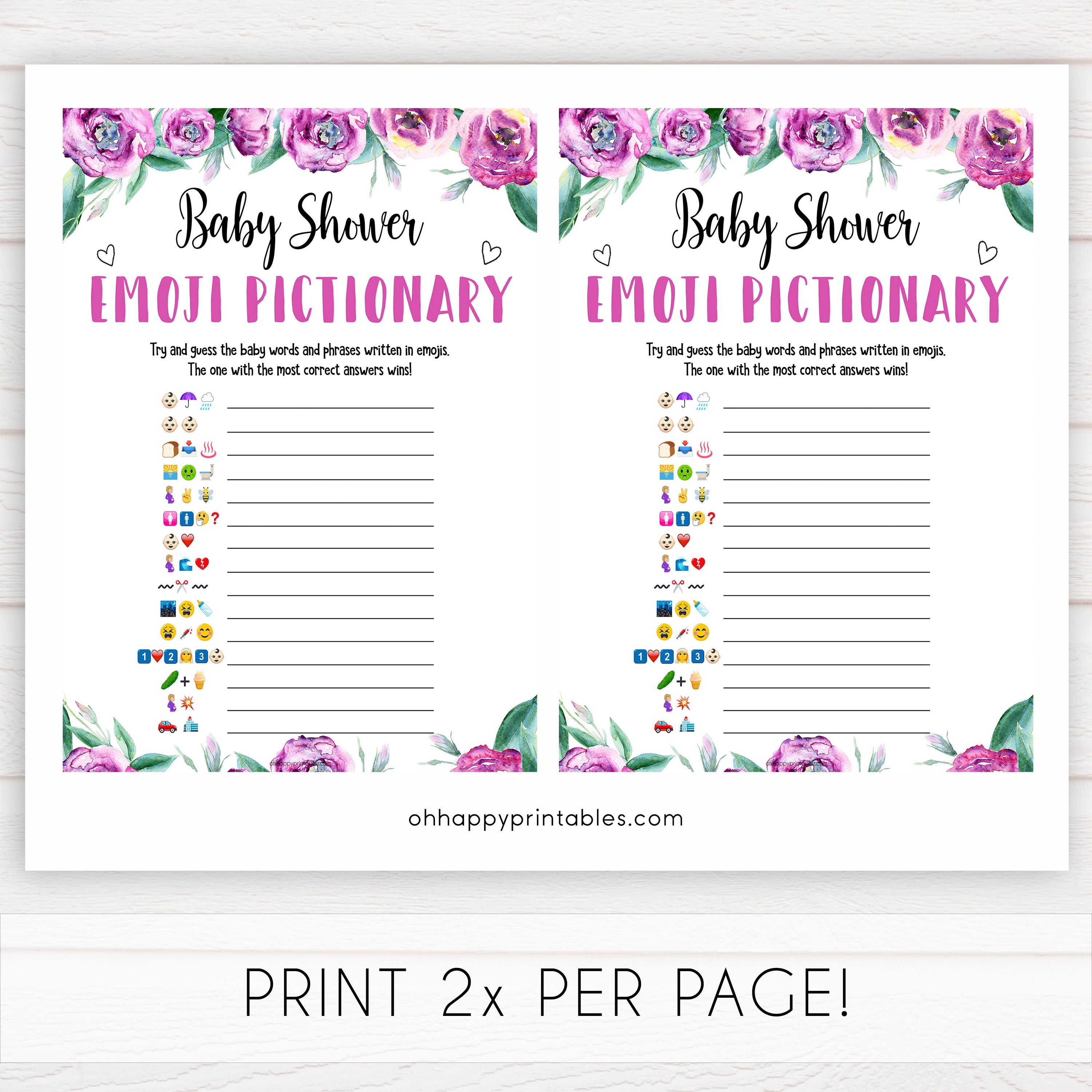 Purple peonies emoji Pictionary baby shower games, printable baby shower games, fun baby shower games, baby shower games, popular baby shower games, floral baby shower games, purple baby shower themes