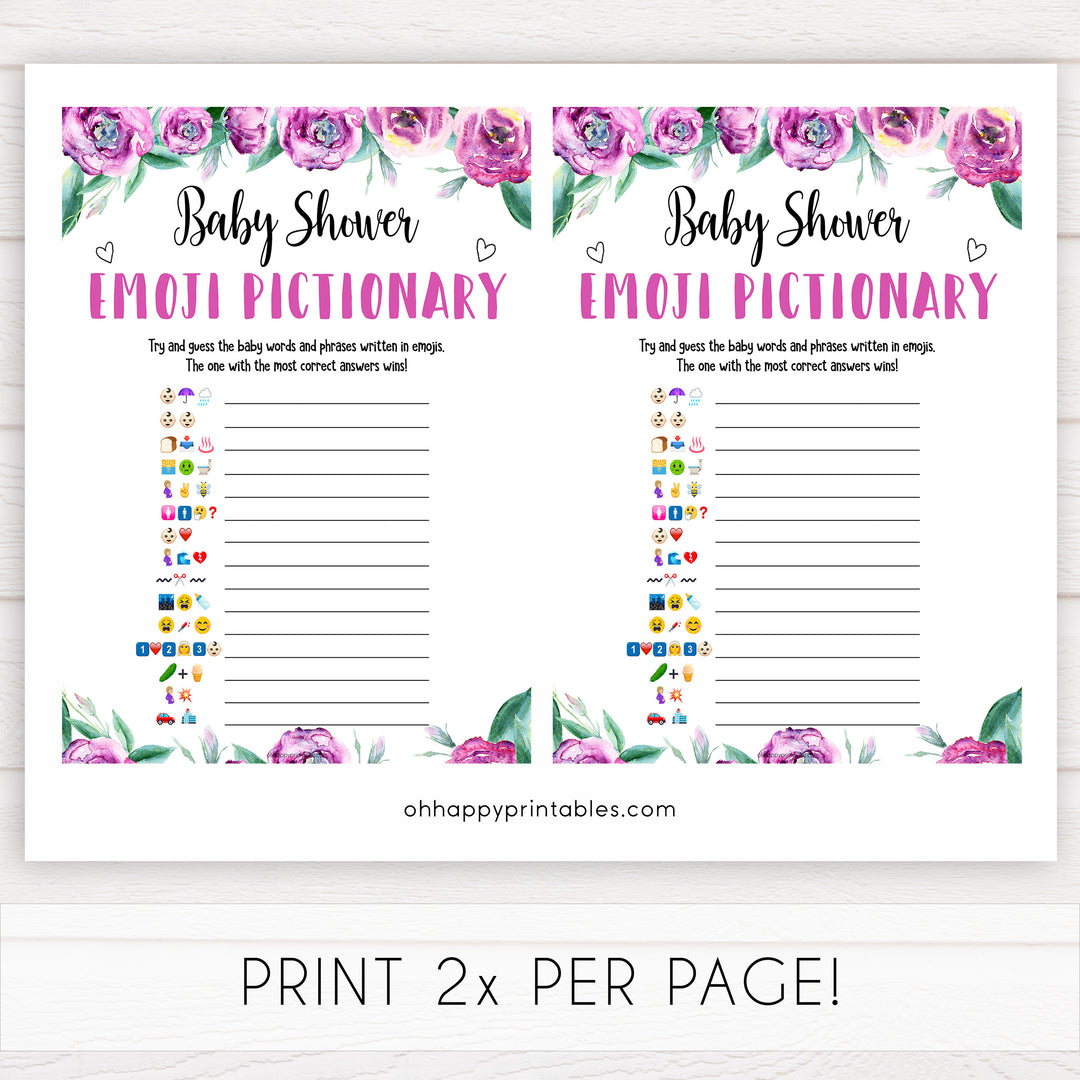 Purple peonies emoji Pictionary baby shower games, printable baby shower games, fun baby shower games, baby shower games, popular baby shower games, floral baby shower games, purple baby shower themes