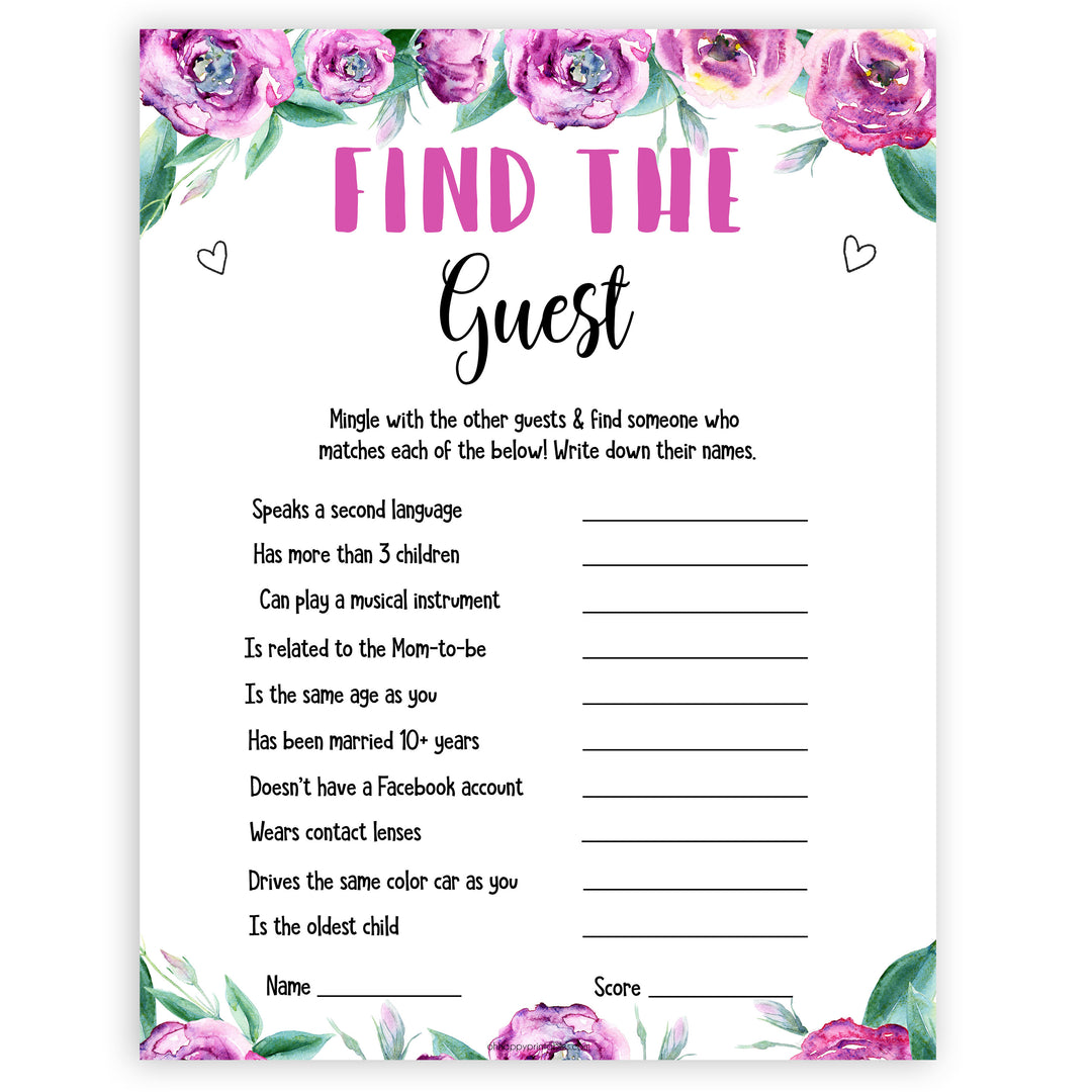 Purple peonies find the guest baby shower games, printable baby shower games, fun baby shower games, baby shower games, popular baby shower games, floral baby shower games, purple baby shower themes