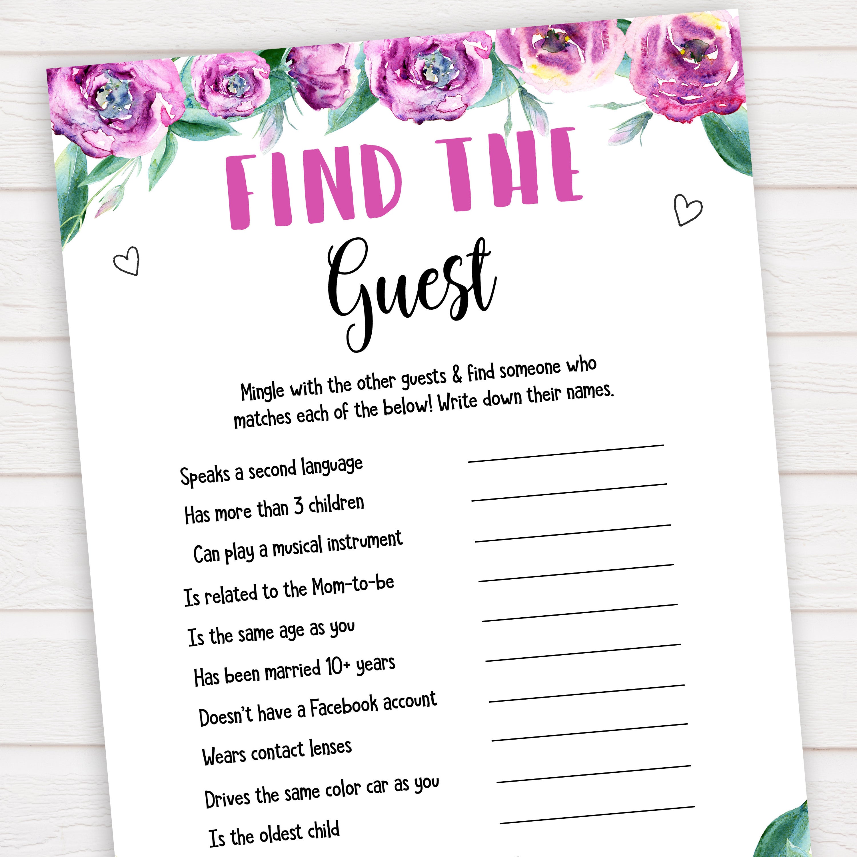 Purple peonies find the guest baby shower games, printable baby shower games, fun baby shower games, baby shower games, popular baby shower games, floral baby shower games, purple baby shower themes