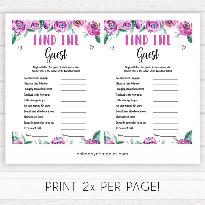 Purple peonies find the guest baby shower games, printable baby shower games, fun baby shower games, baby shower games, popular baby shower games, floral baby shower games, purple baby shower themes