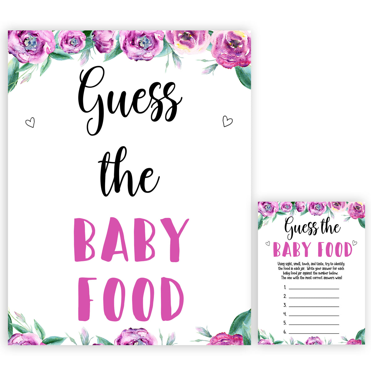 Purple peonies guess the baby food baby shower games, printable baby shower games, fun baby shower games, baby shower games, popular baby shower games, floral baby shower games, purple baby shower themes