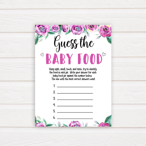 Purple peonies guess the baby food baby shower games, printable baby shower games, fun baby shower games, baby shower games, popular baby shower games, floral baby shower games, purple baby shower themes