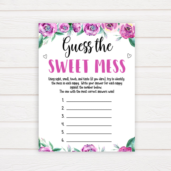 Purple peonies guess the sweet mess baby shower games, printable baby shower games, fun baby shower games, baby shower games, popular baby shower games, floral baby shower games, purple baby shower themes